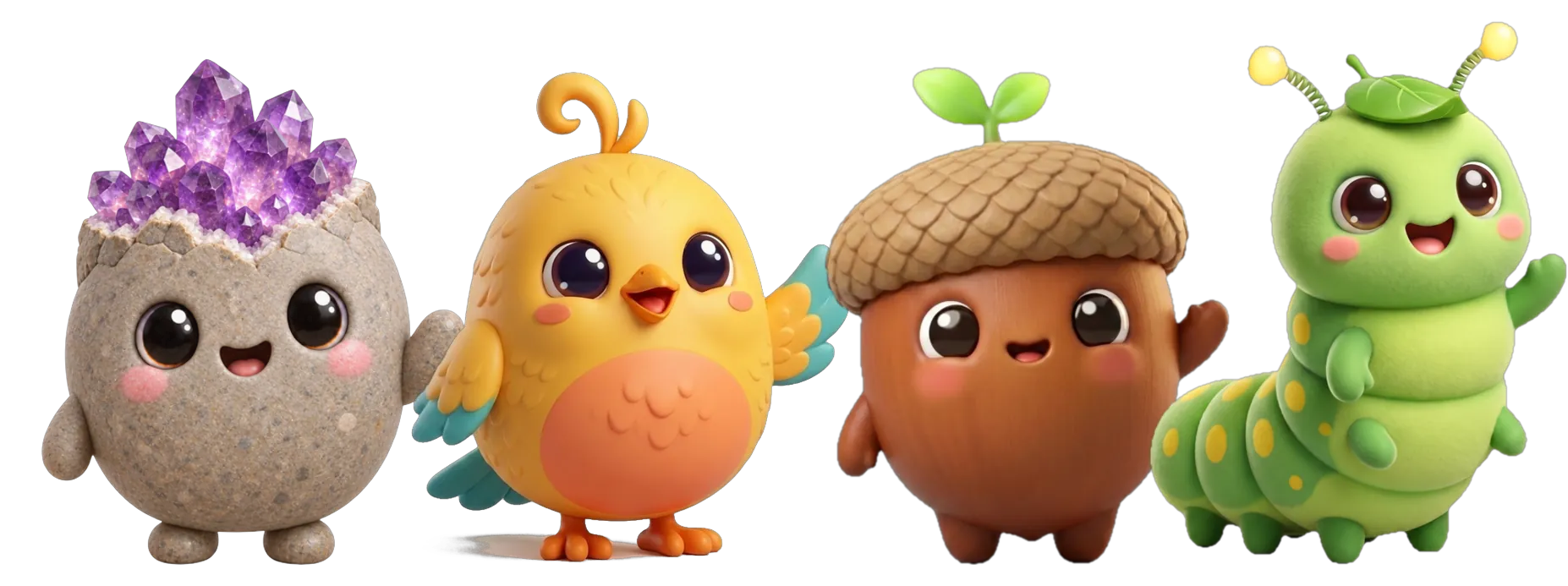 Bud the rock, Pip the bird, Sprig the acorn and Nib the caterpillar standing together like a little family