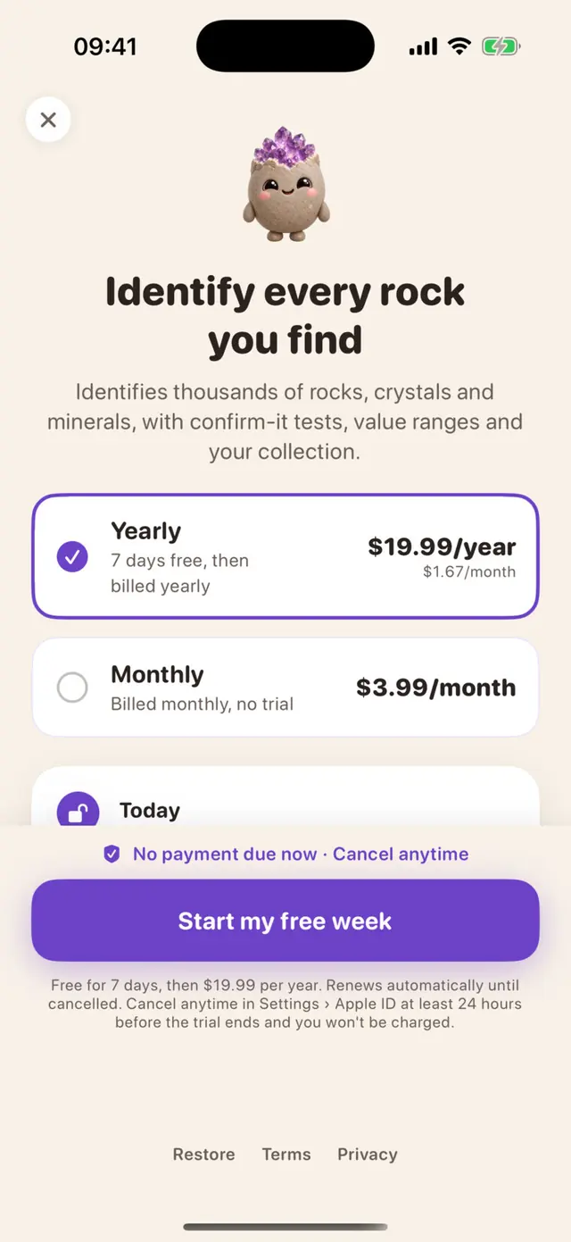 Rockbud app screen: Rockbud's real plans screen: the price, the trial and a close button